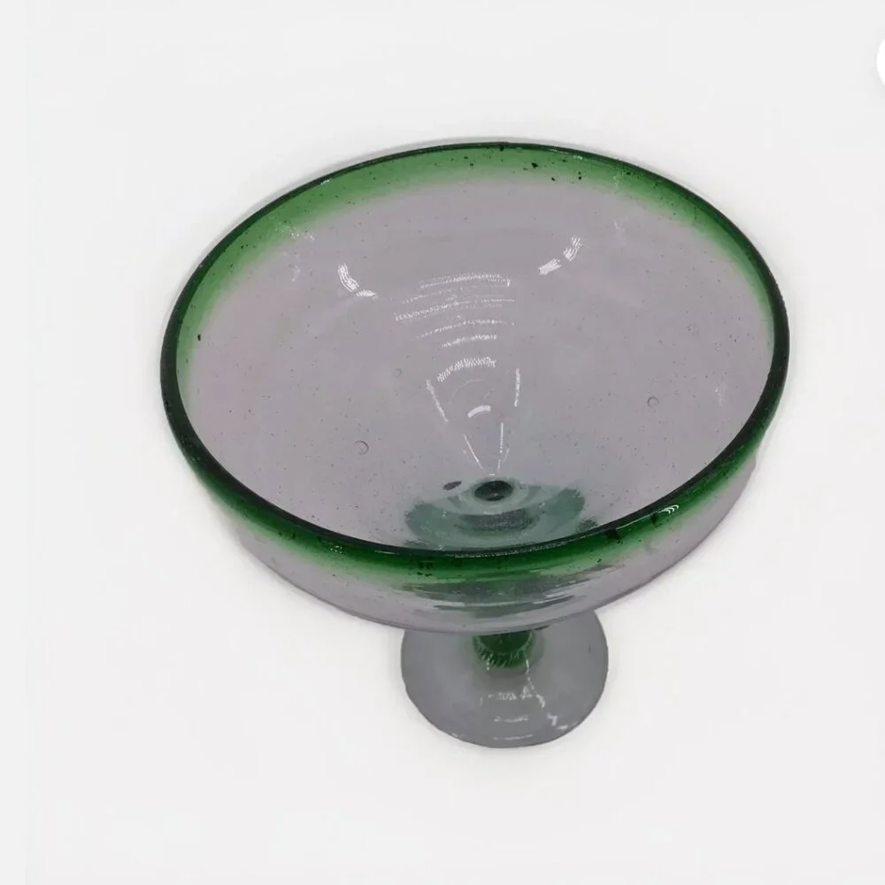 Handblown Mexican Margarita Green Rim Bubble Glass Cactus Stem